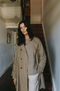 Berg French Linen Collarless Peacoat in Brown Check montaigne