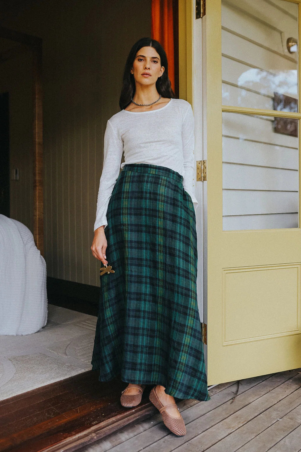 Montaigne Anya Linen Maxi Skirt In Green & Black Plaid O/S