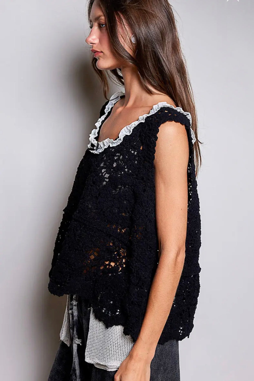 Hand crafted cotton crochet macy top black one size