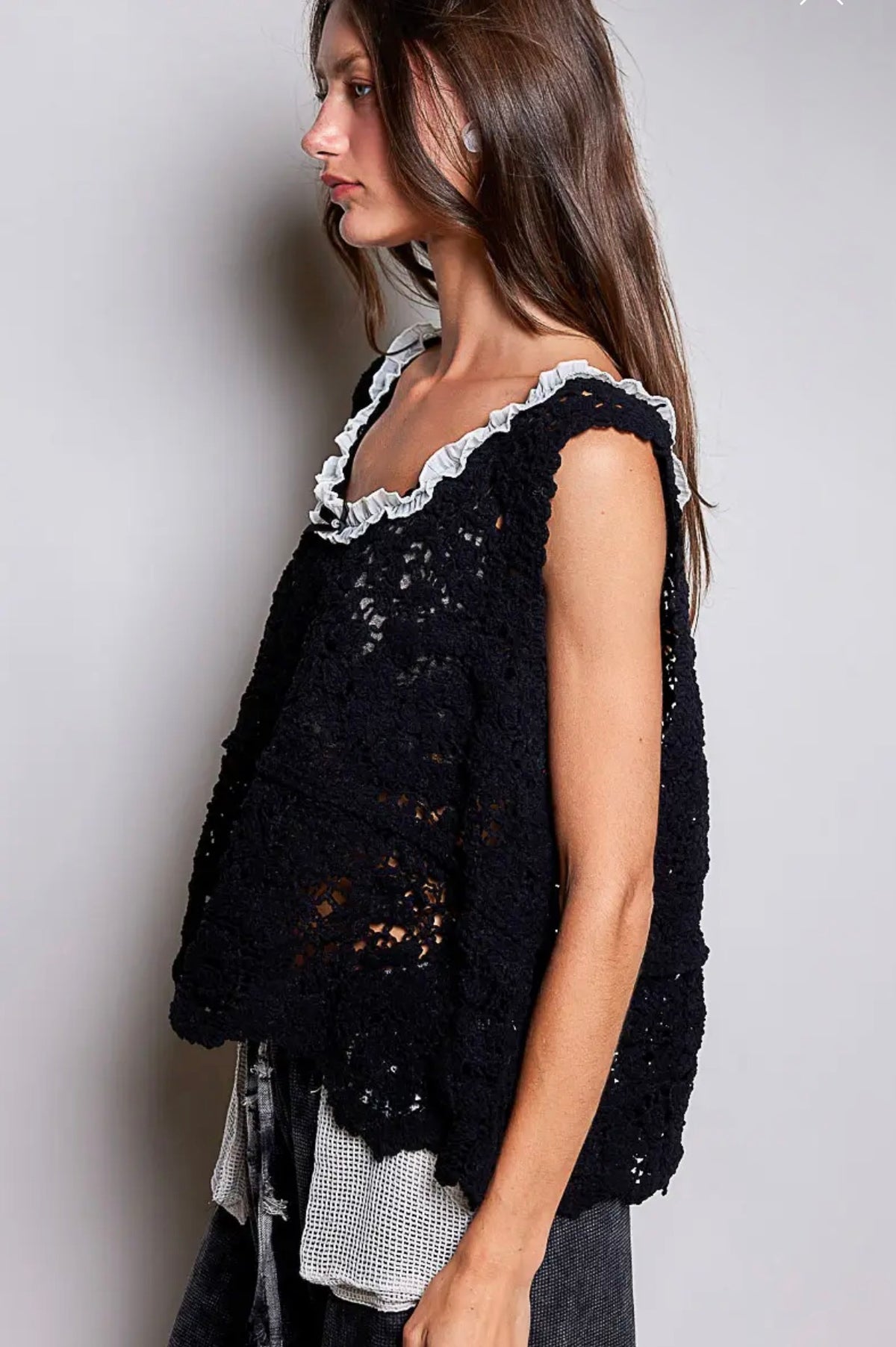 Hand crafted cotton crochet macy top black one size
