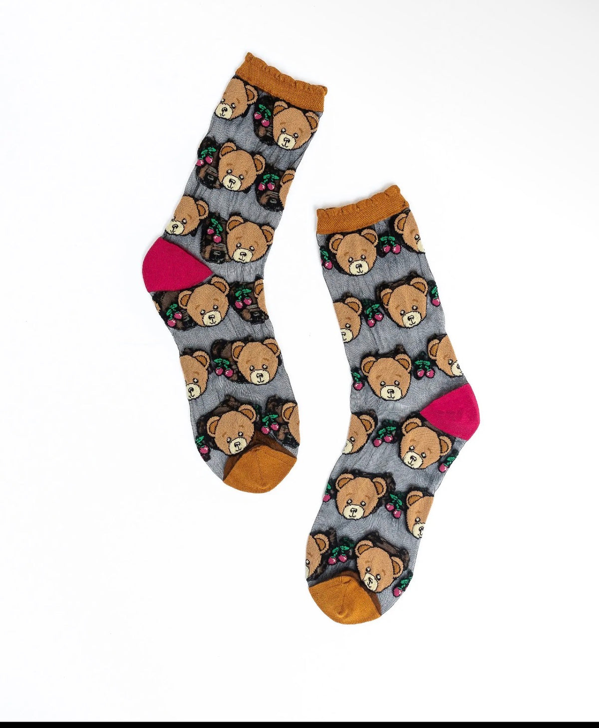 Teddy bear crew black sheer ruffle socks
