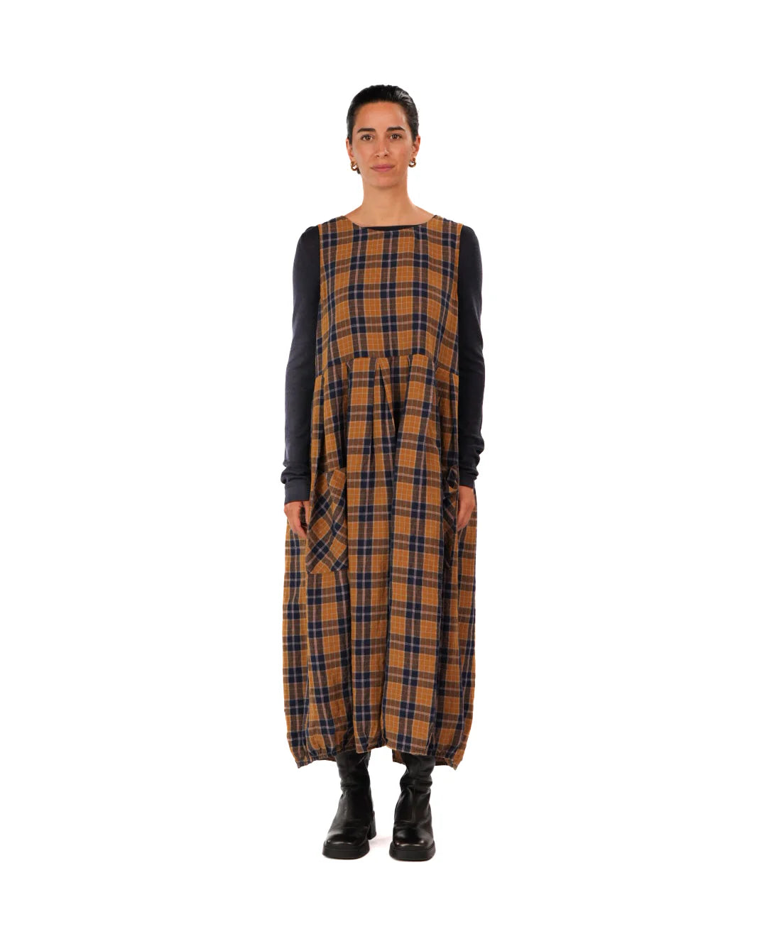 Montaigne Sartene dress blue tweed check French linen