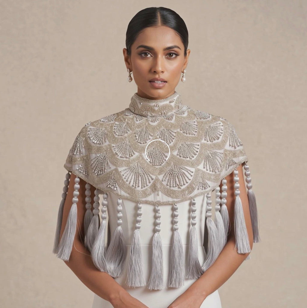 Celestine silver beaded tassel cape
