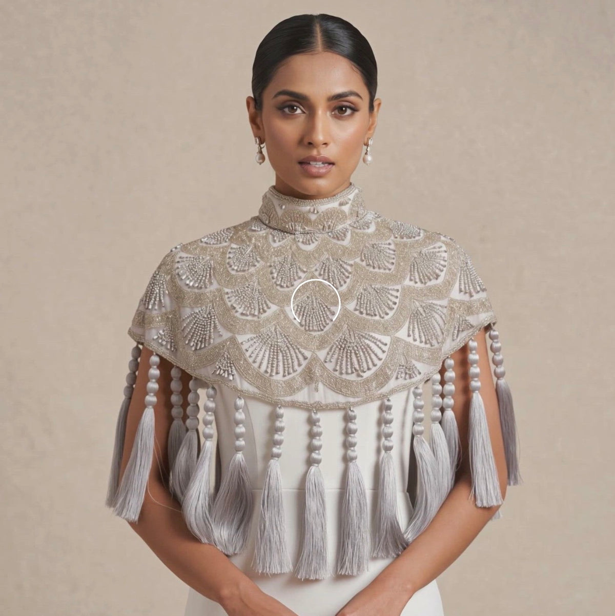 Celestine silver beaded tassel cape