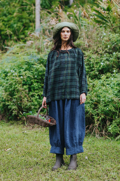 Montaigne Carmen Button-Through Linen Top In Green Black Plaid