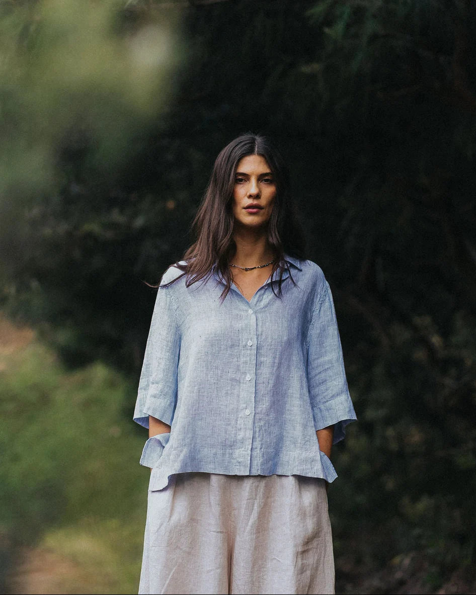 Montaigne Dion Fine Blue Stripe Linen Blouse