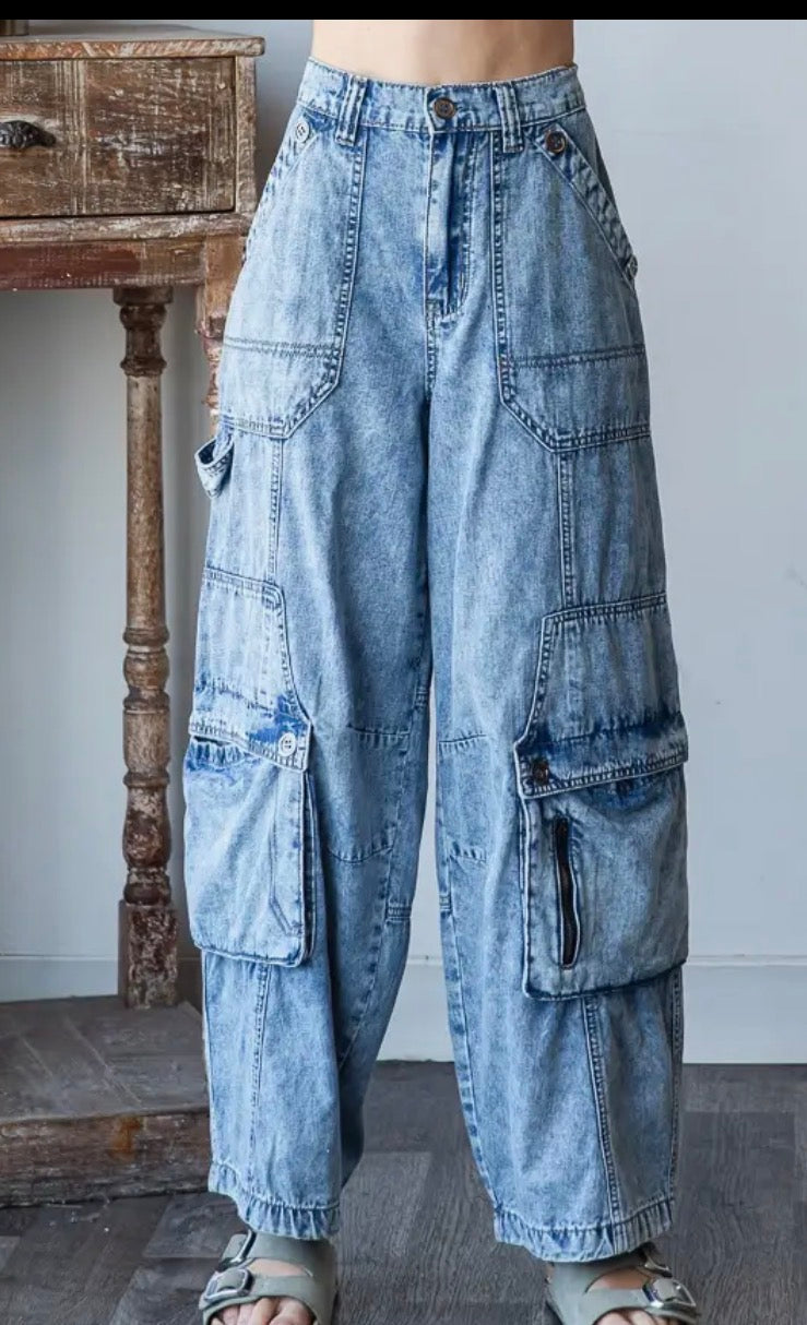 Washed 3d pocket cargo denim pants