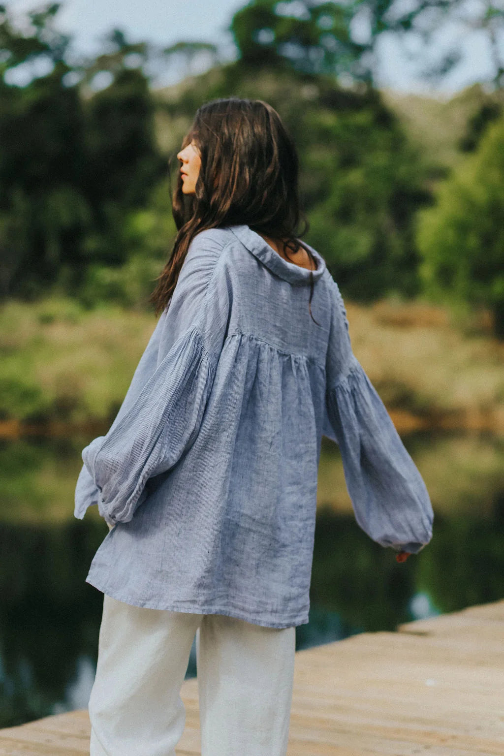 Montaigne Mila Fine Blue Stripe Linen Top O/S