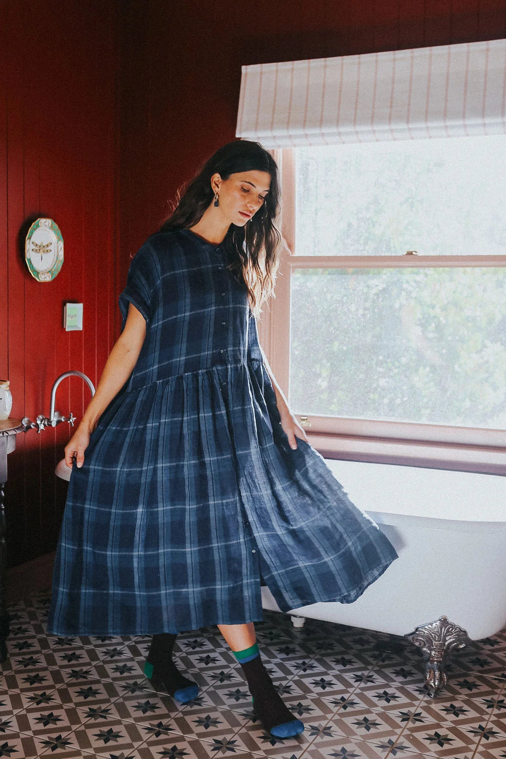 Montaigne Juliette Blue Check Button Up Linen Dress O/S
