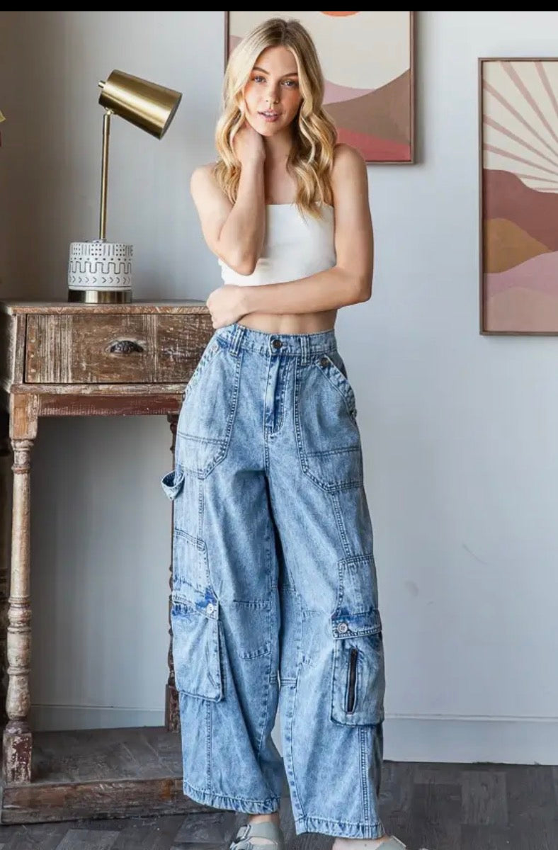 Washed 3d pocket cargo denim pants