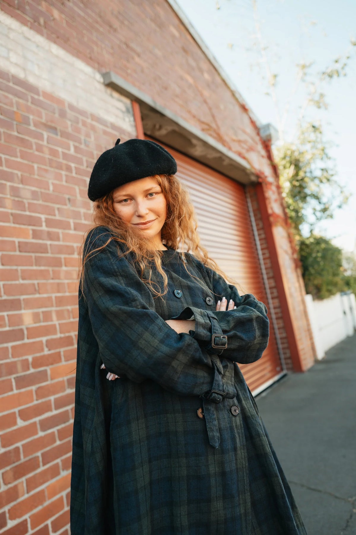 Montaigne Berg French Linen Tartan Collarless Peacoat