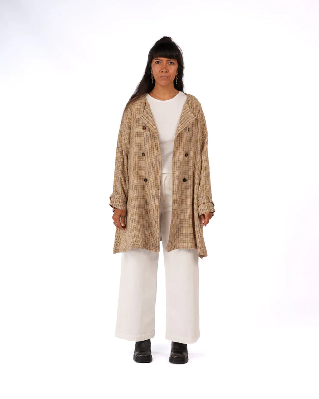 Berg French Linen Collarless Peacoat in Brown Check montaigne