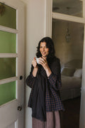 Montaigne Carmen button through long sleeve top blue and brown check
