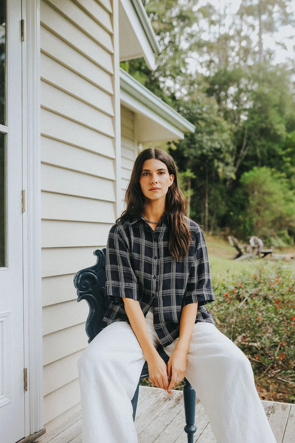 Montaigne Dion Linen Blouse Dark Navy Check