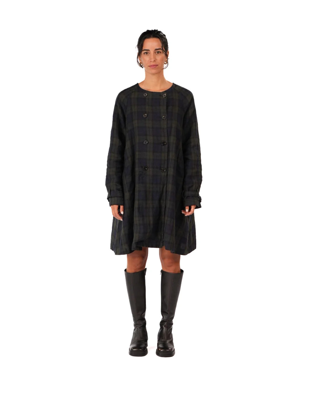 Montaigne Berg French Linen Tartan Collarless Peacoat