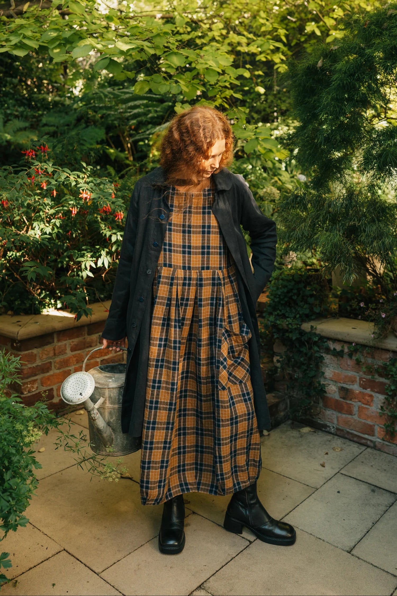 Montaigne Sartene dress blue tweed check French linen