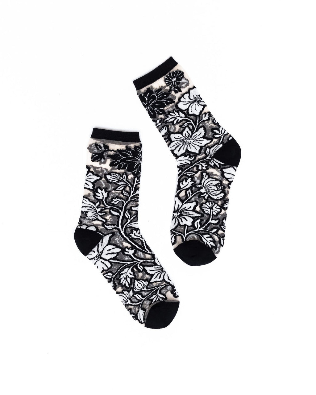 Black and White Florals Sheer Crew Sock