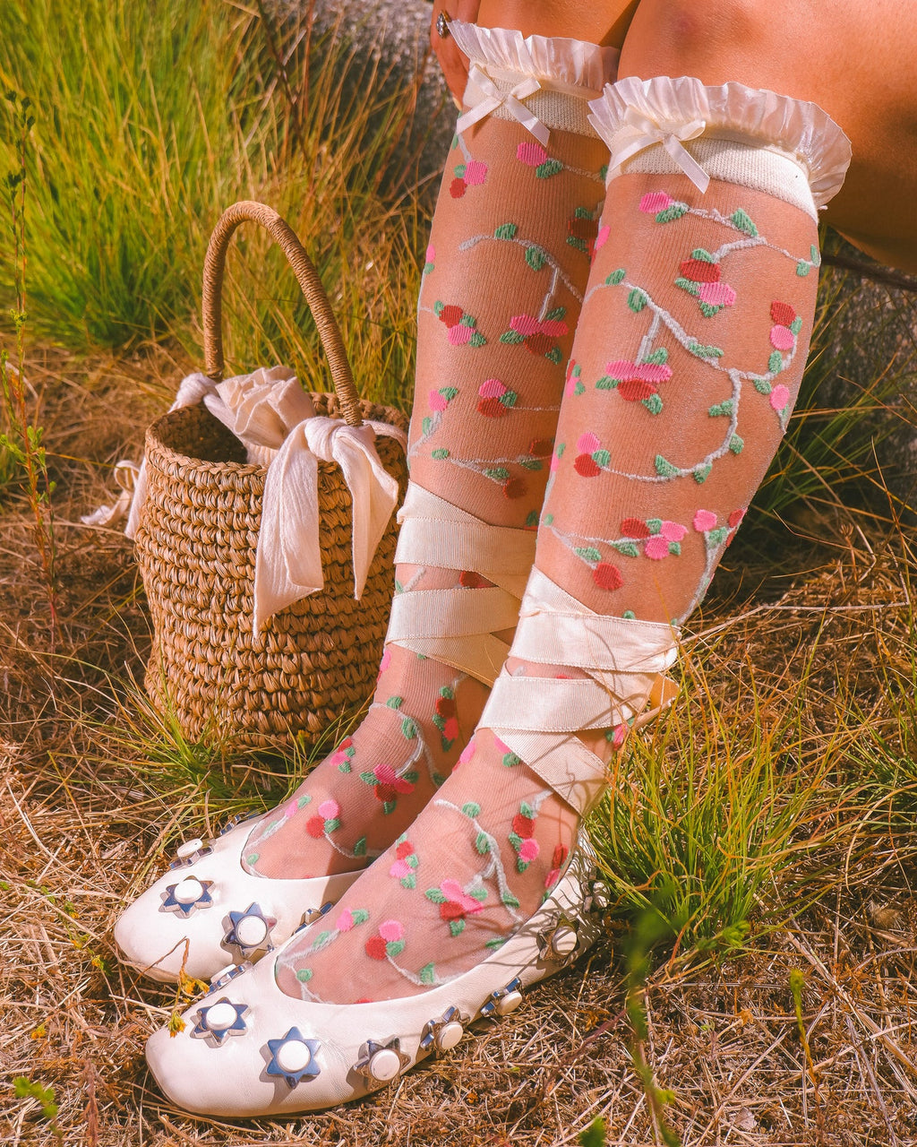 Sheer rosette ruffle bow knee high socks