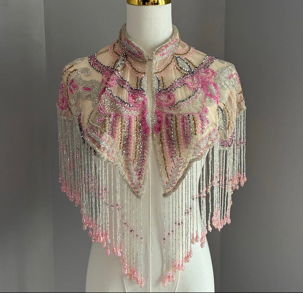 Pink cabaret beaded fringe cape pink hold and silver