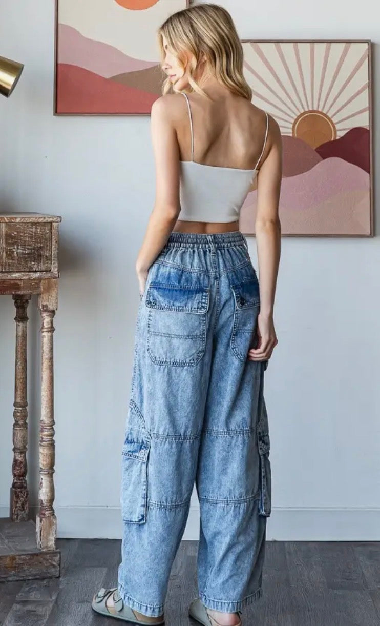 Washed 3d pocket cargo denim pants