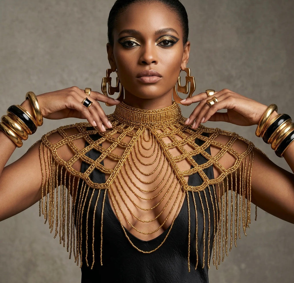 Golden lattice beaded capelet