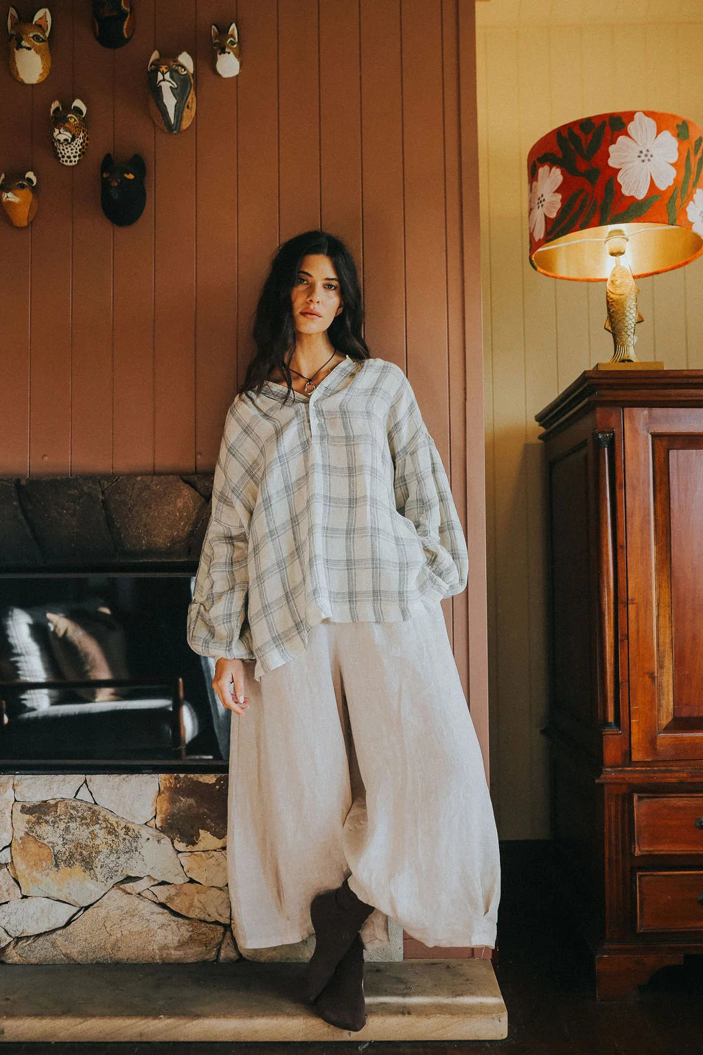Montaigne Dante Check Linen Top O/S