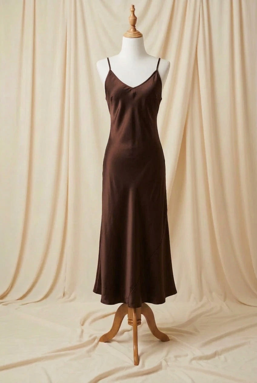 Otomo Marilyn Silk/linen slip long maxi dress CHOCOLATE