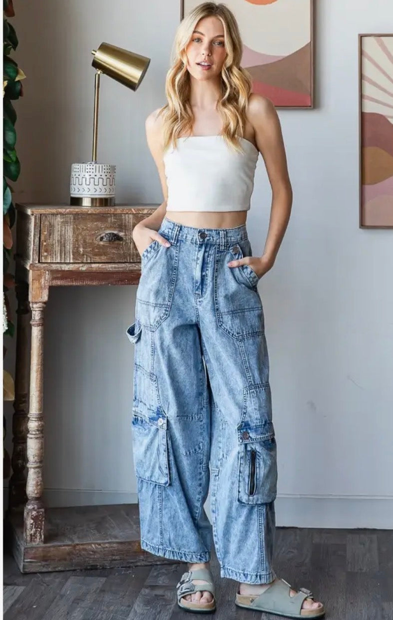 Washed 3d pocket cargo denim pants