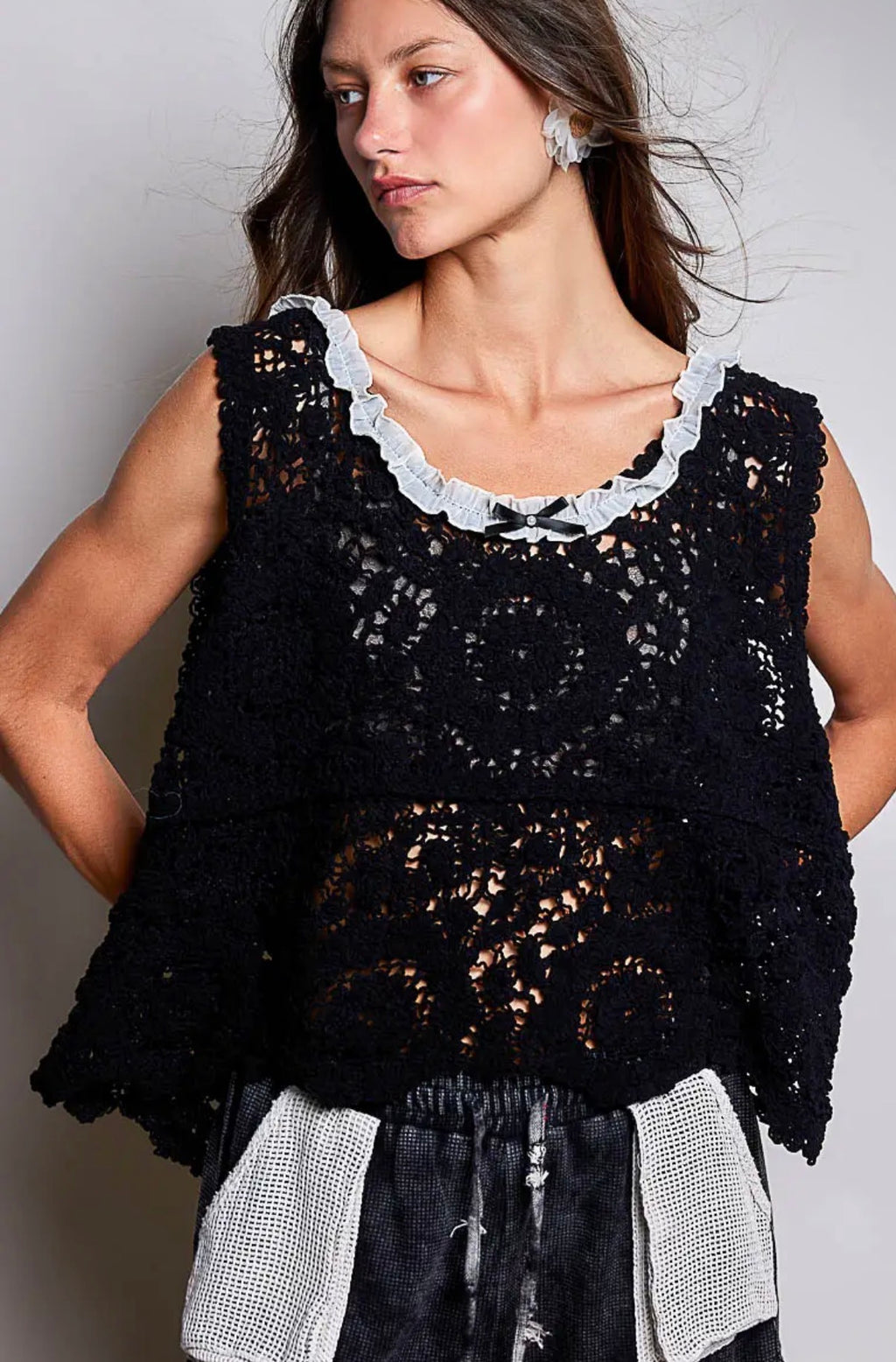 Hand crafted cotton crochet macy top black one size