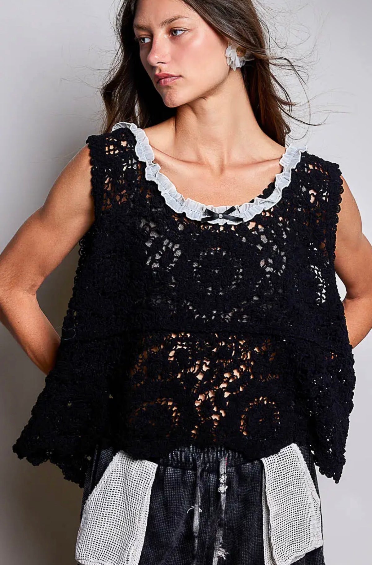 Hand crafted cotton crochet macy top black one size