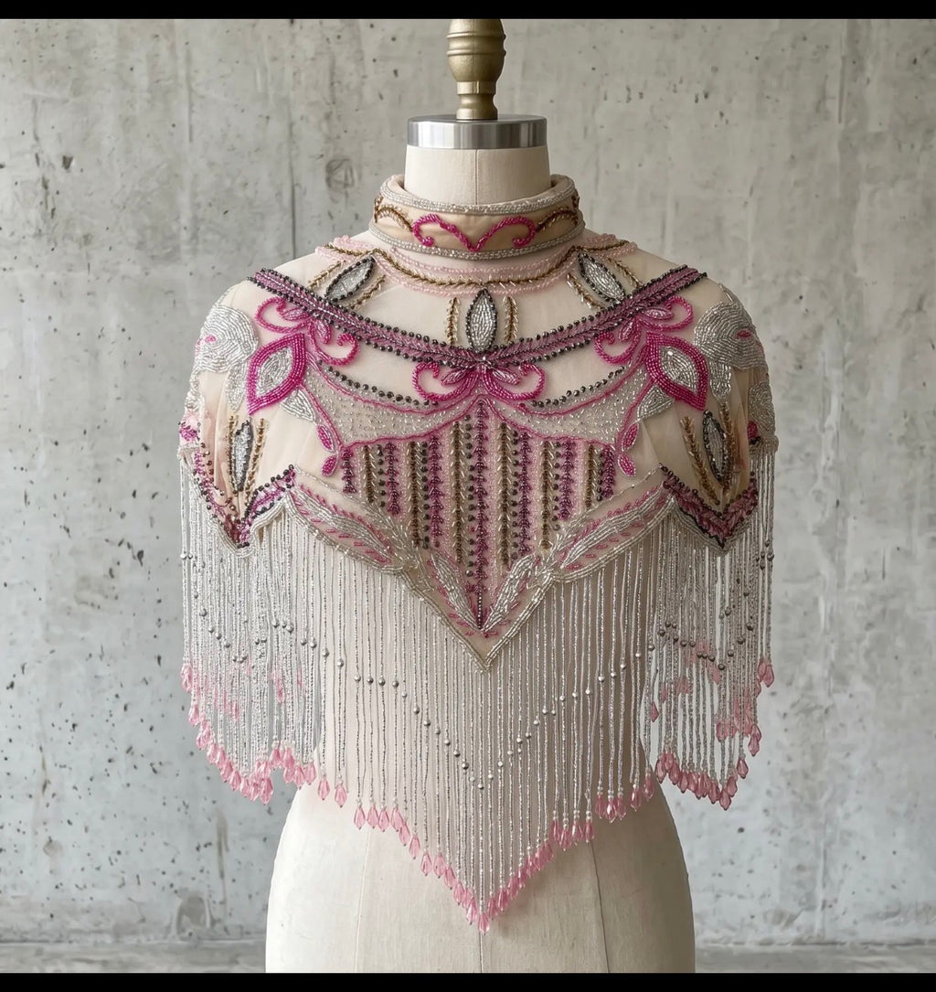 Pink cabaret beaded fringe cape pink hold and silver