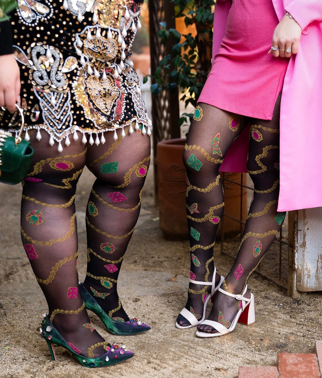 Pearls and jewels black sheer tights