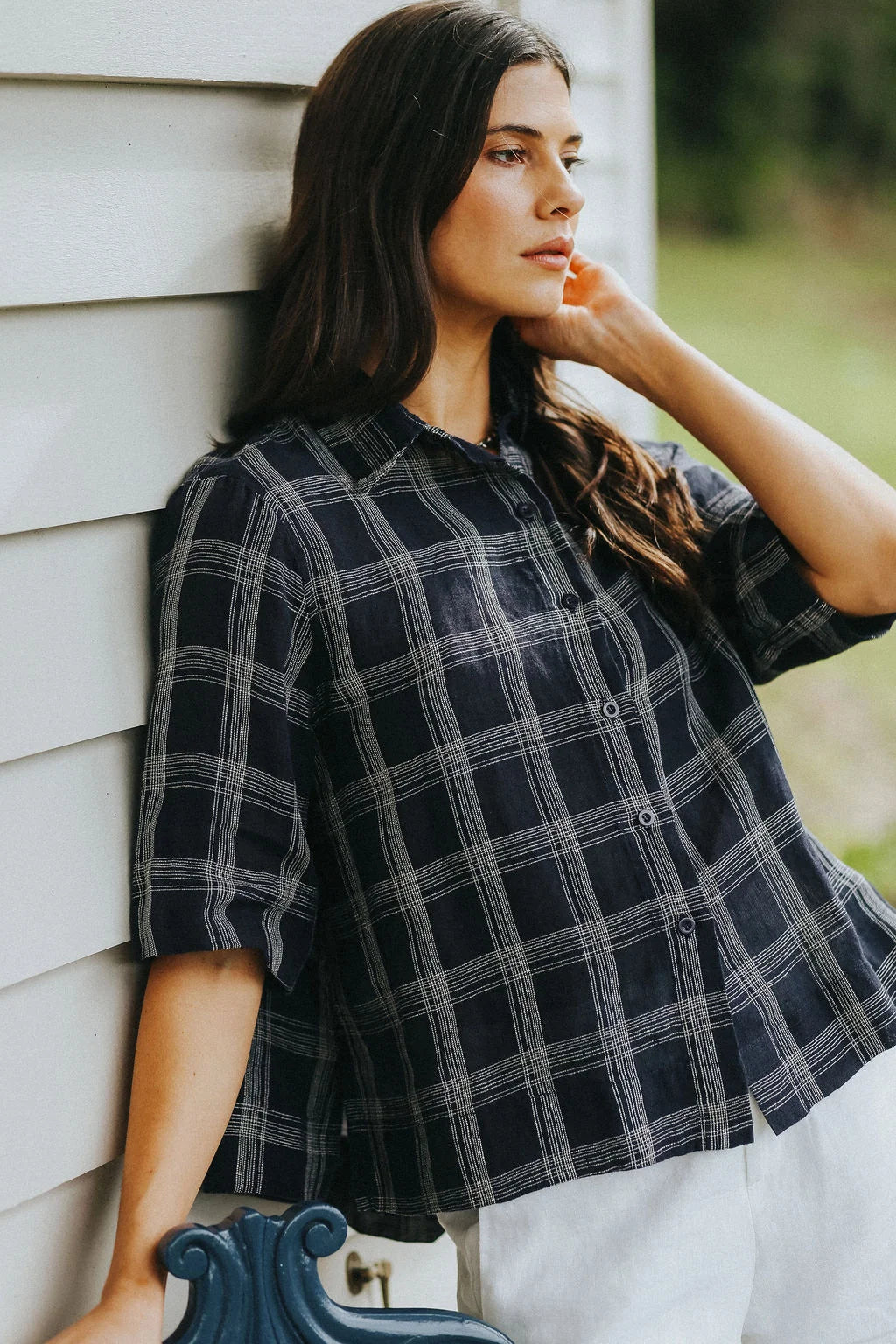 Montaigne Dion Linen Blouse Dark Navy Check