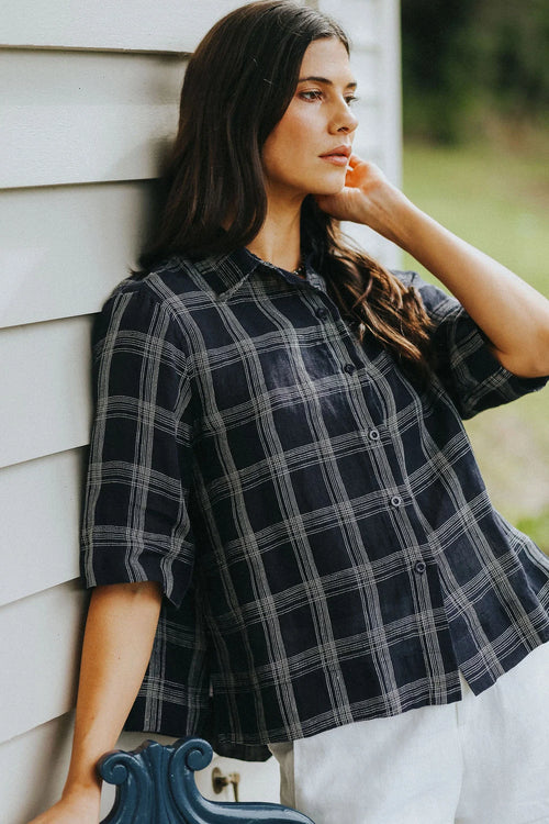 Montaigne Dion Linen Blouse Dark Navy Check