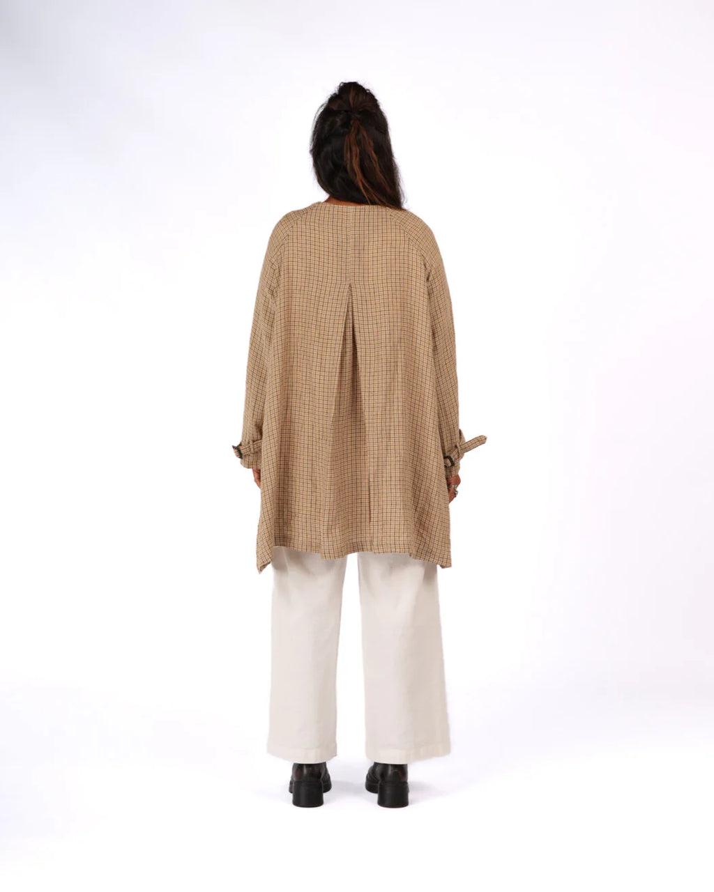 Berg French Linen Collarless Peacoat in Brown Check montaigne