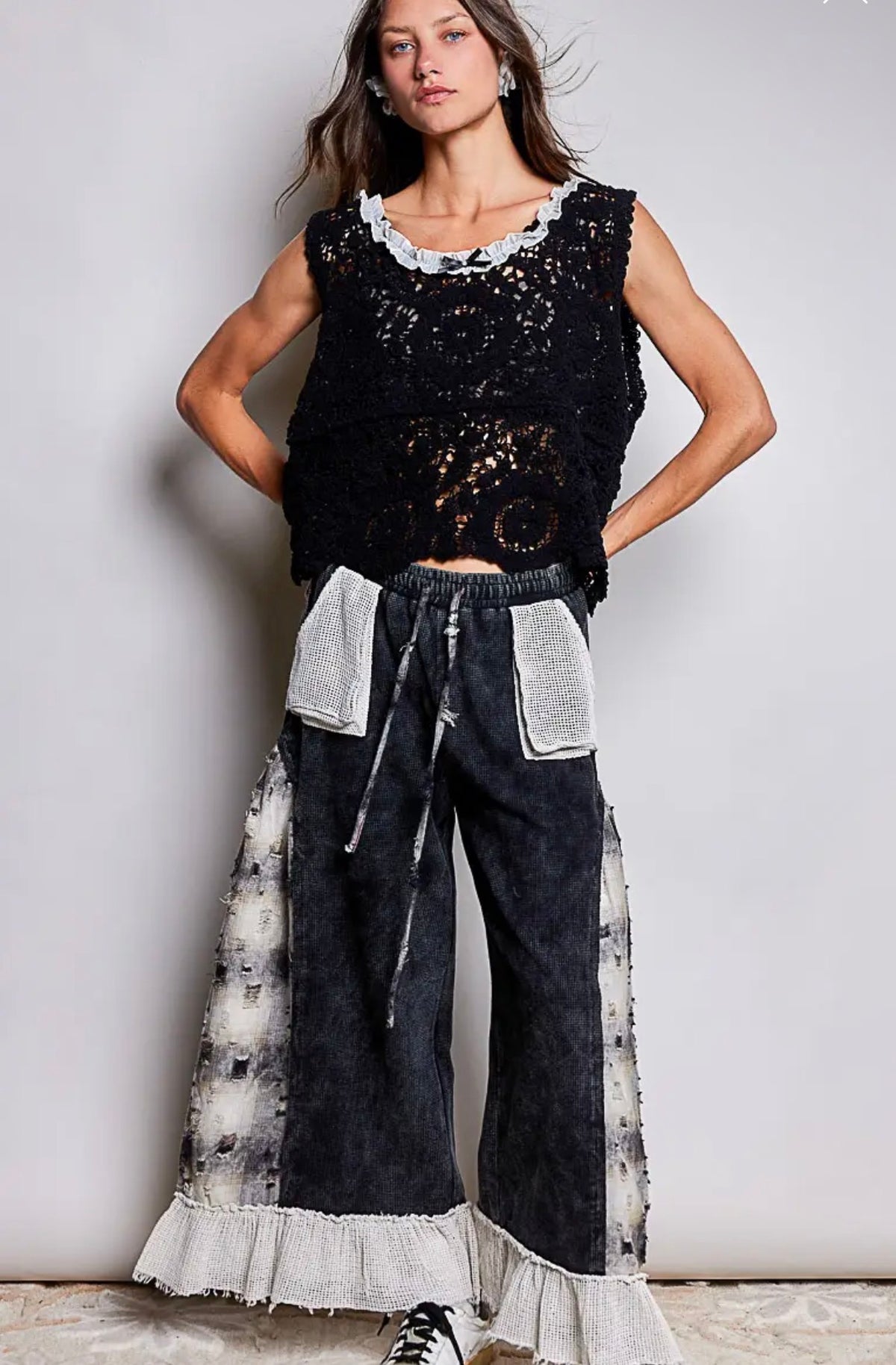 Hand crafted cotton crochet macy top black one size