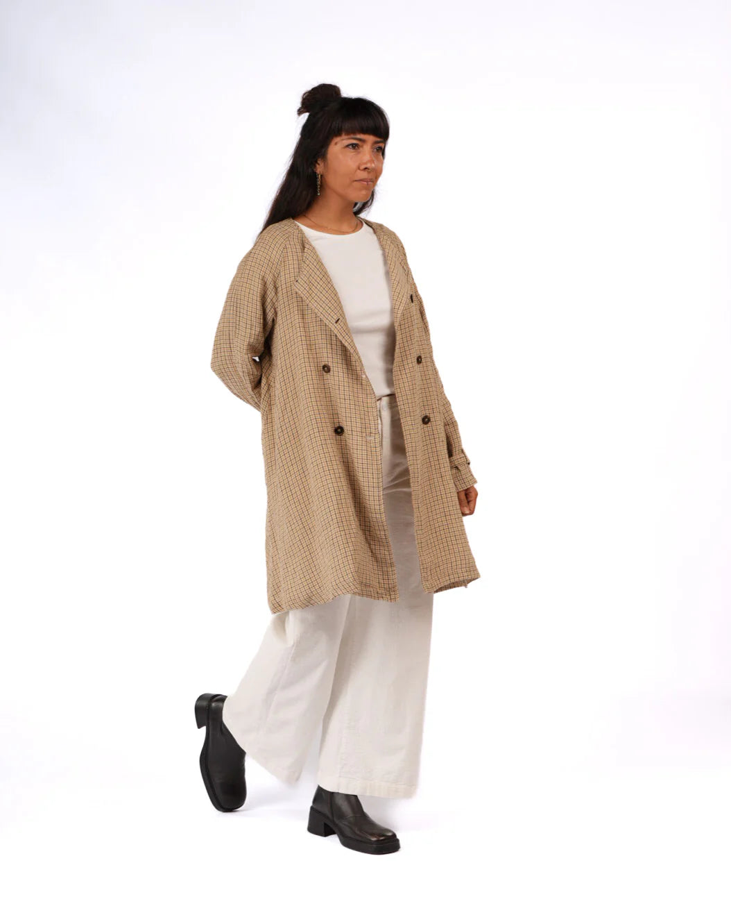 Berg French Linen Collarless Peacoat in Brown Check montaigne