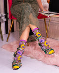 Mixed Sunflowers Black Sheer Crew Sock