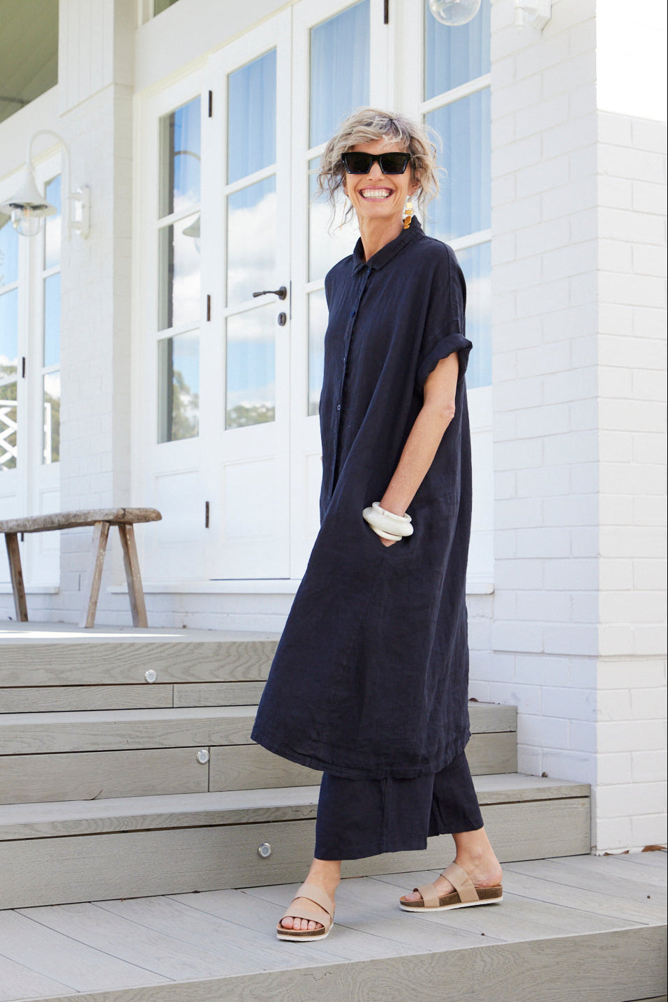 Montaigne Salome short sleeve linen button up dress