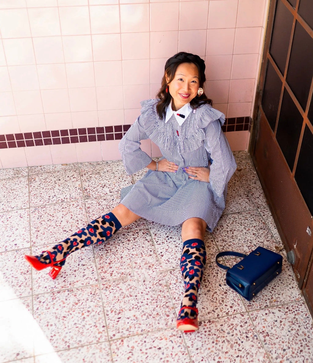 Bold blue sheer knee high socks