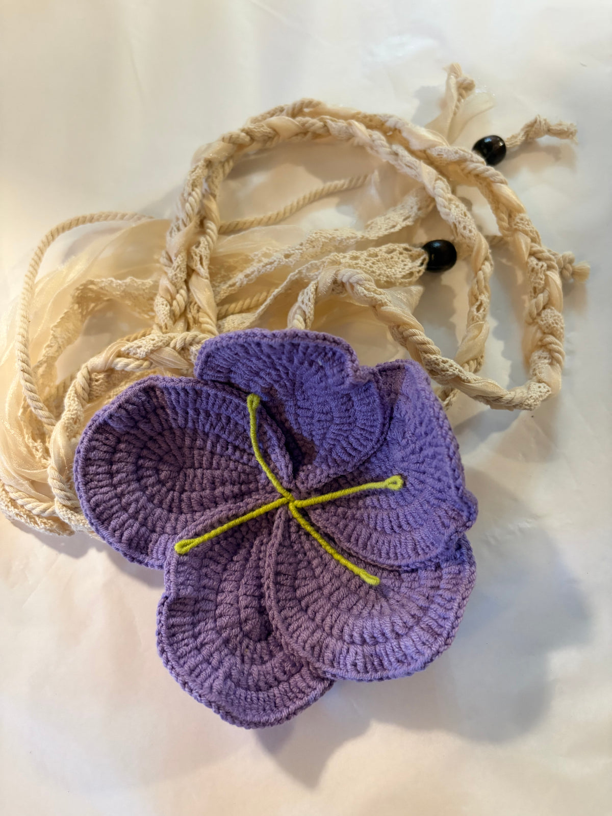 Iris hand crochet floral belt/ brooch purple