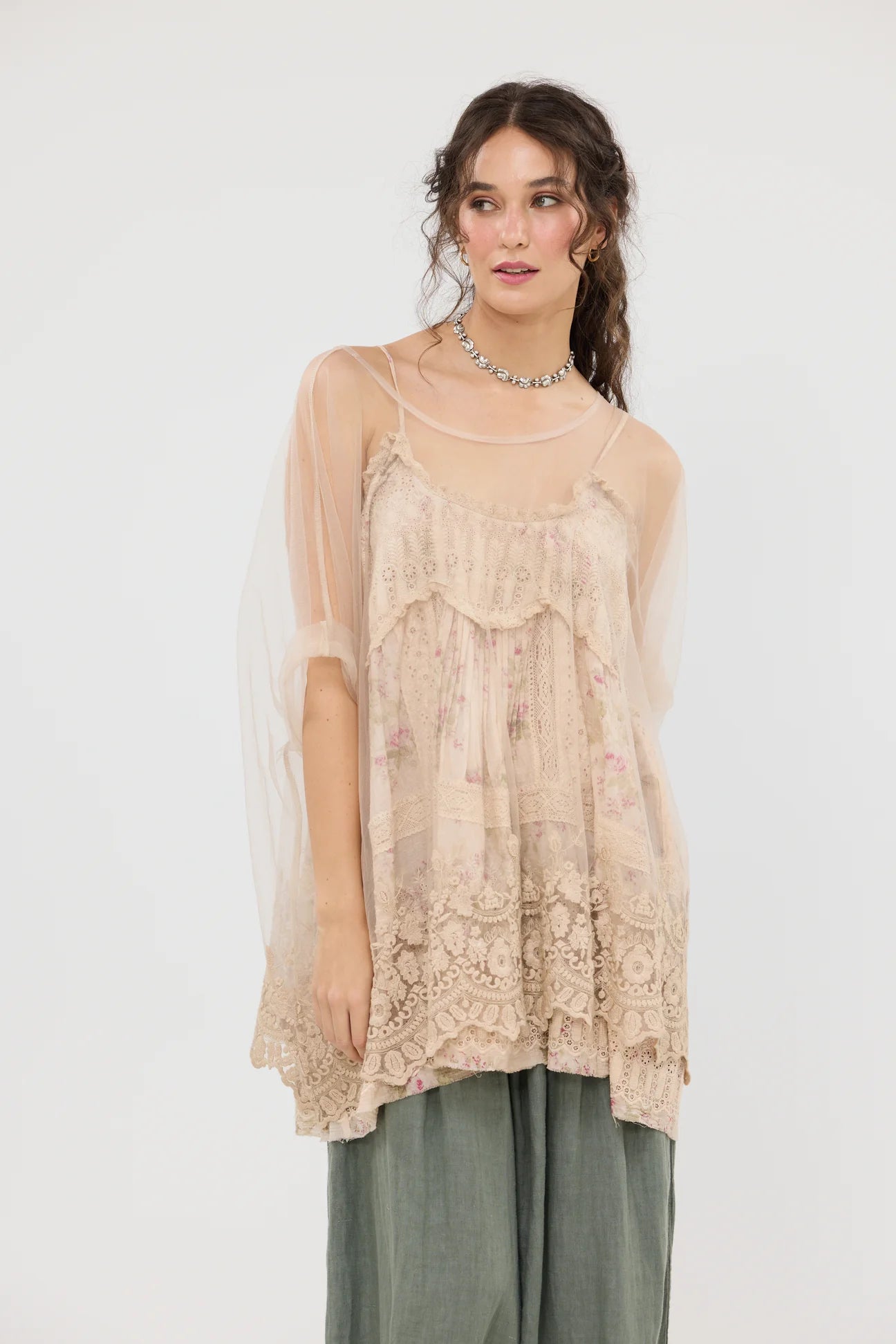 Miss roses sister violet Chantilly sheer net and lace Romantic top. Champagne.
