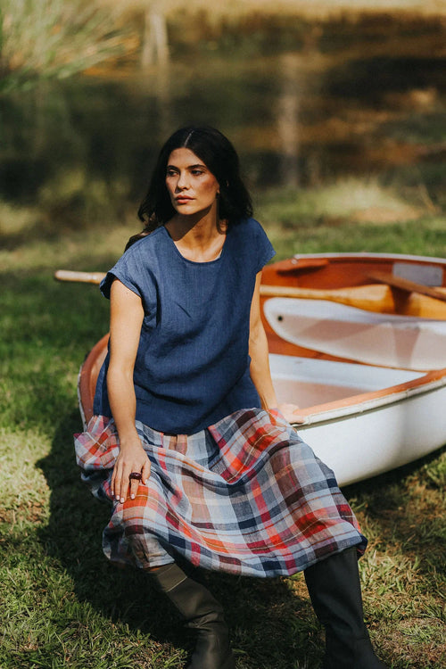 Montaigne Mirella Indigo Linen Cap Sleeve Top