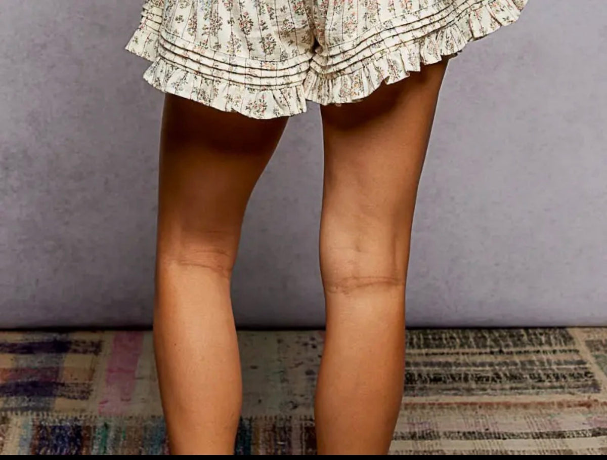 Katey almond floral frill shorts