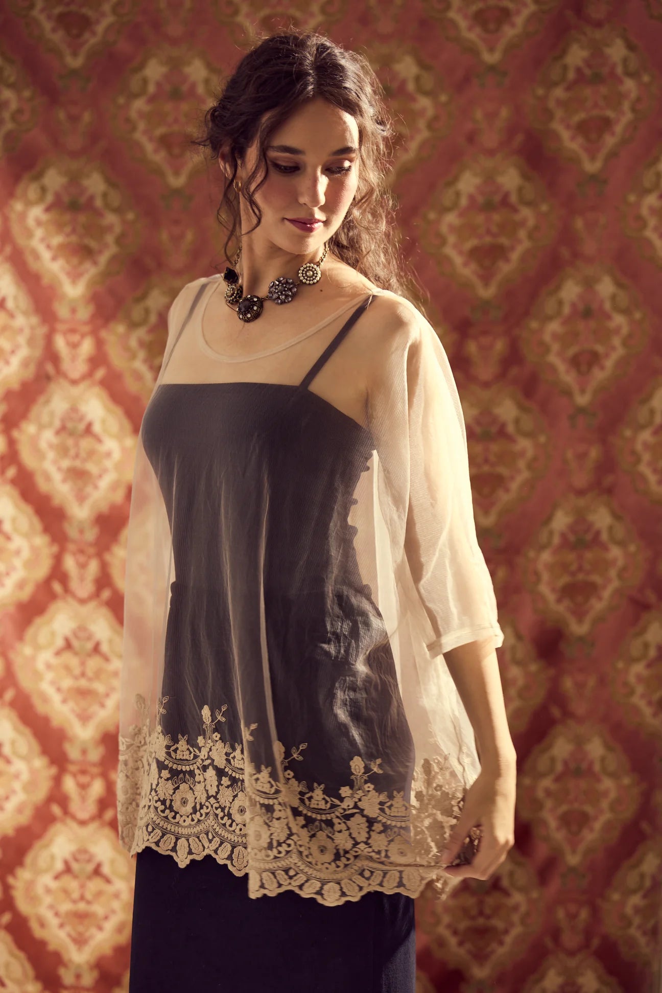 Miss roses sister violet Chantilly sheer net and lace Romantic top. Champagne.