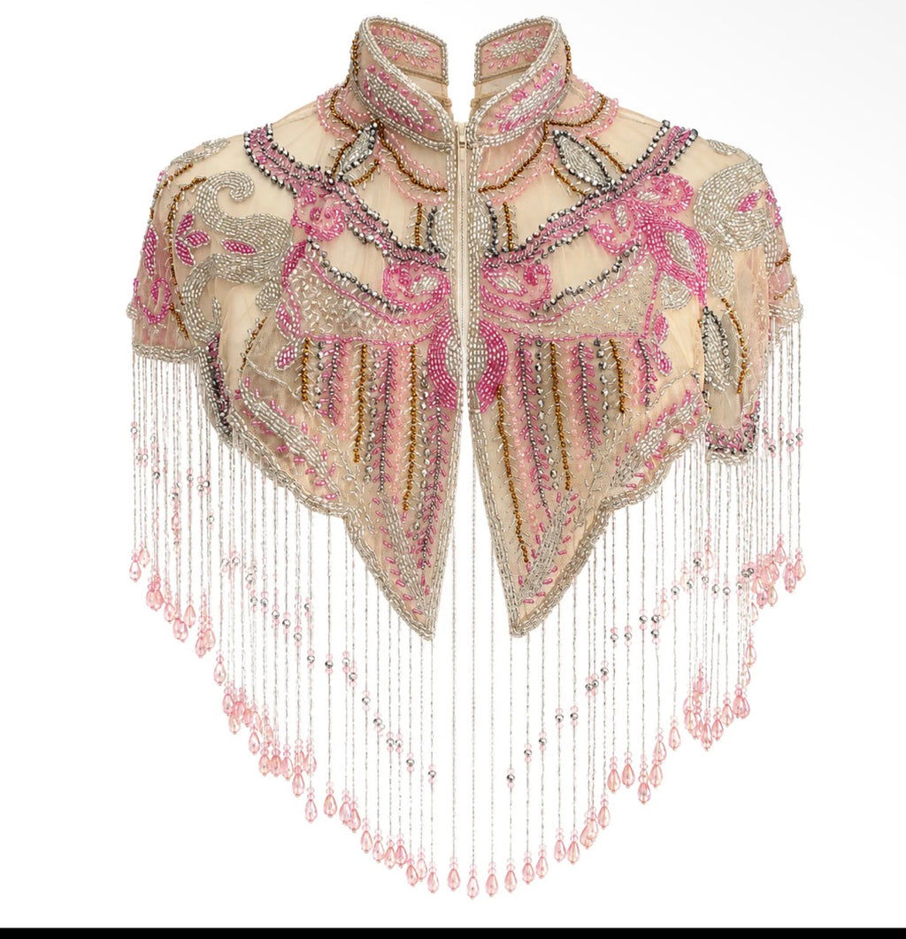 Pink cabaret beaded fringe cape pink hold and silver