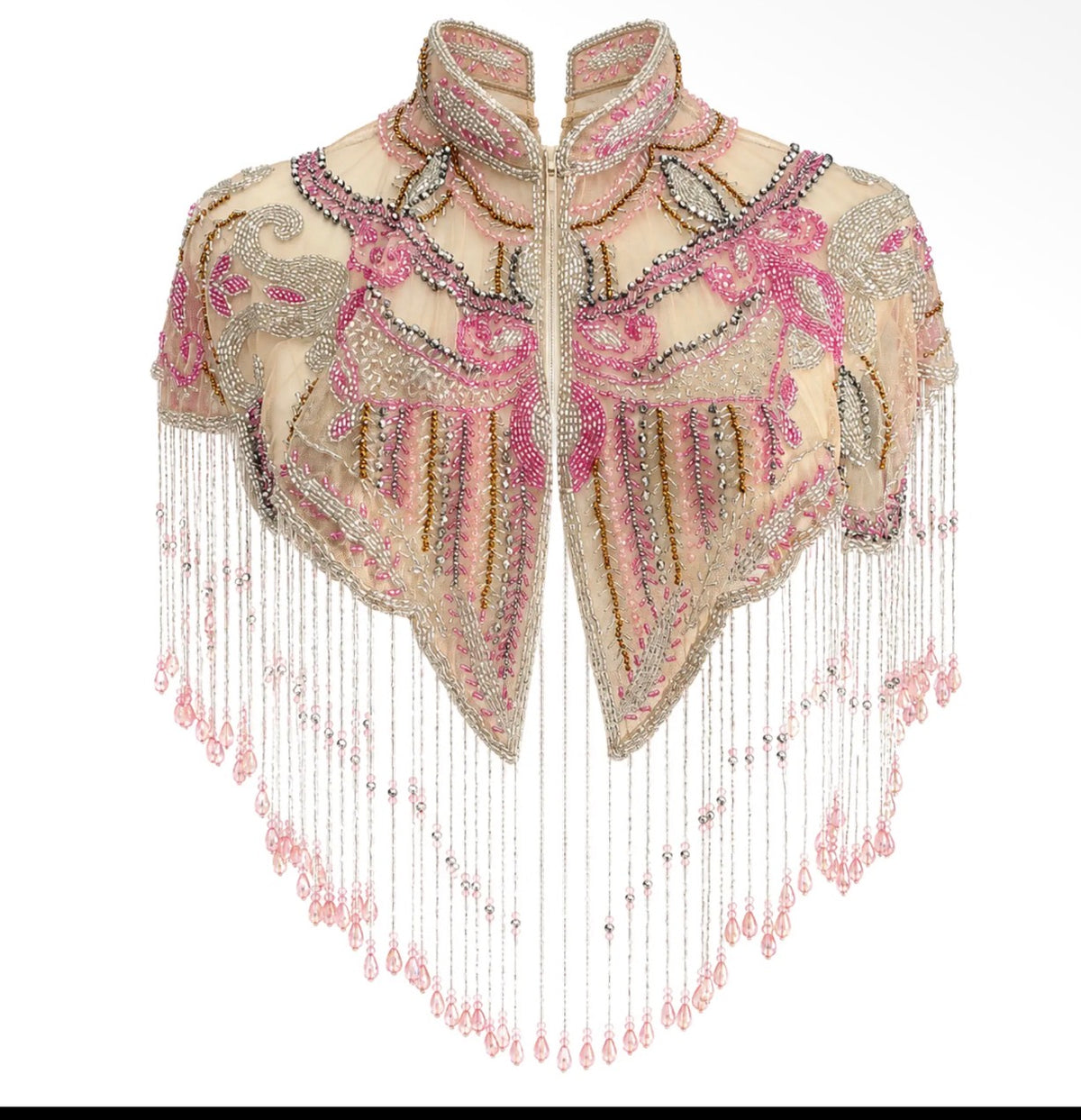 Pink cabaret beaded fringe cape pink hold and silver