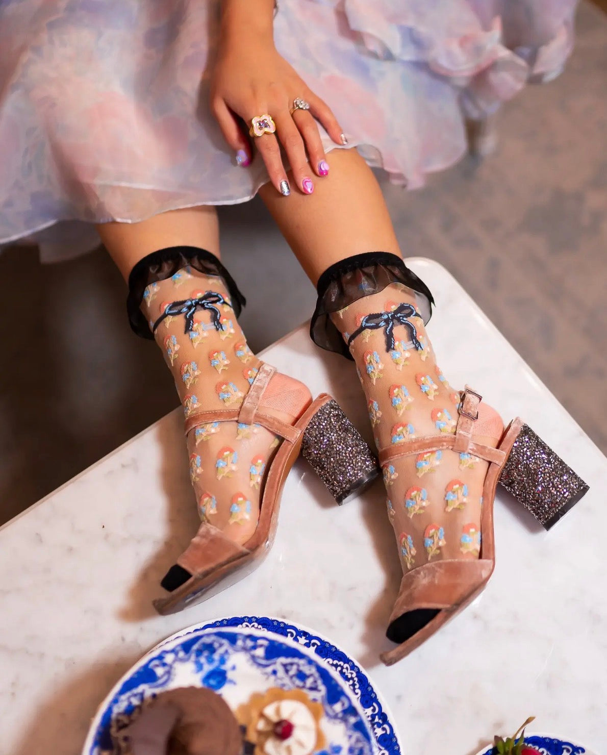 Repeat floral sheer crew sock