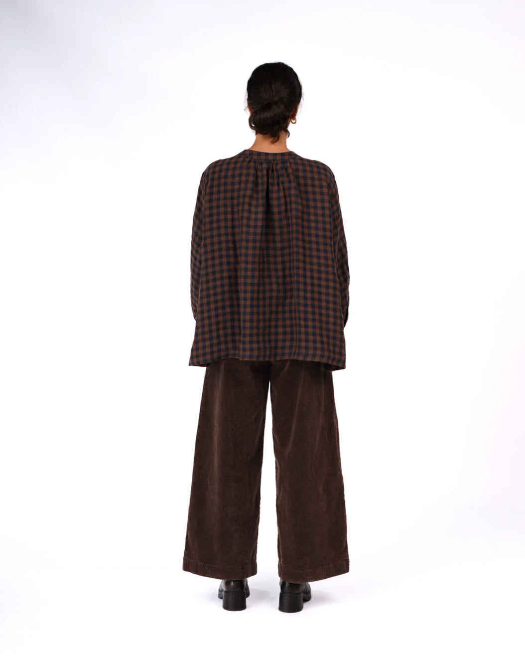 Montaigne Carman button through long sleeve top blue and brown check