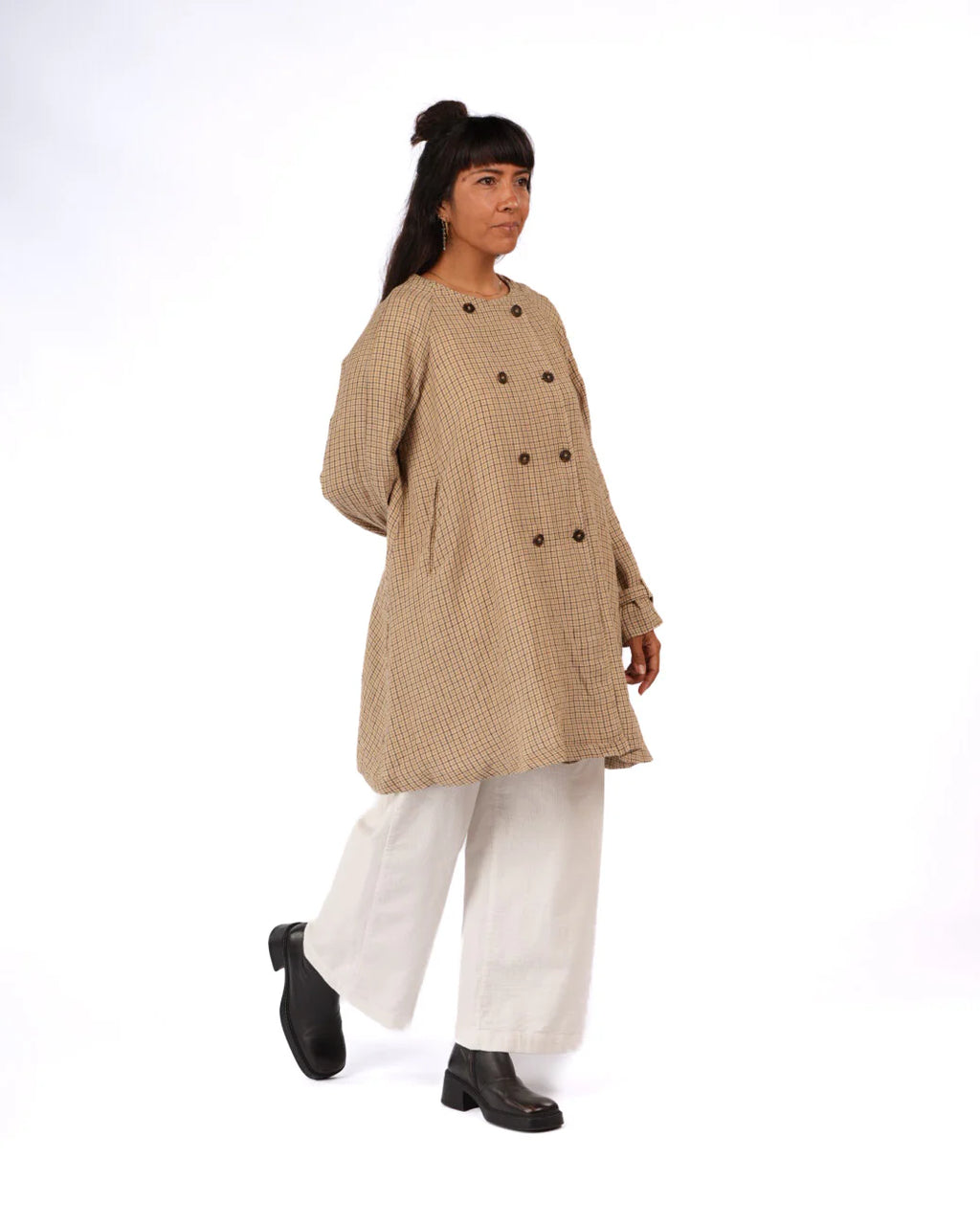 Berg French Linen Collarless Peacoat in Brown Check montaigne